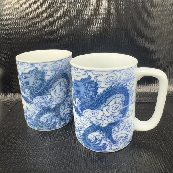 Vintage Chinese Blue Dragon Serpent Coffee Mug Cup Set 2 Stoneware Ceramic Mugs - Picture 11 of 12